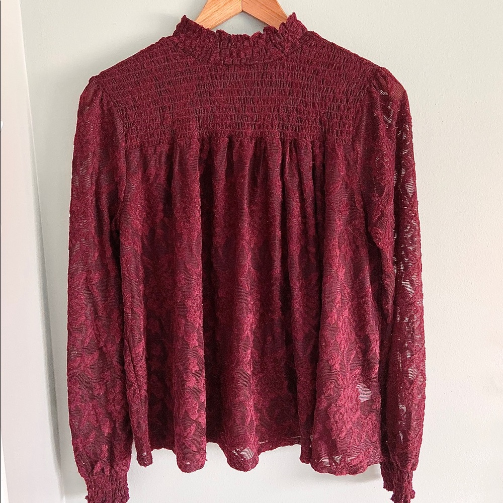 Cupio High-neck Lace Blouse - Maroon